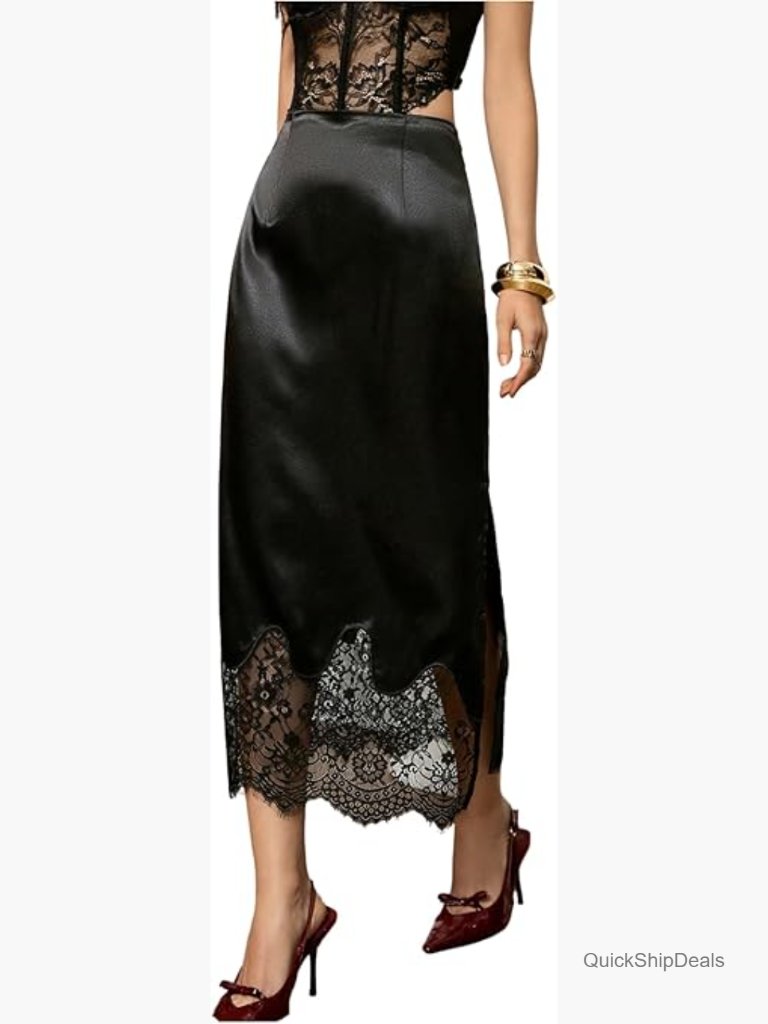 Floral Lace Satin Midi Skirt Side Split Ruffle Elegant Long Skirt
